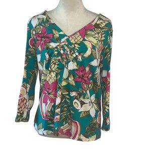 Caribbean Joe women’s tropical print 3/4 sleeve top Size Large
